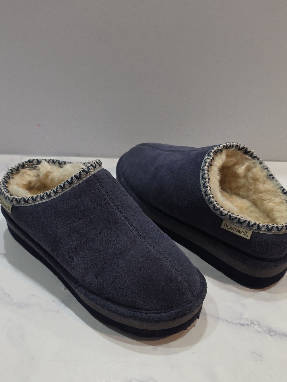 Bearpaw Navy Suede Shearling-Lined Women's Clog Slippers